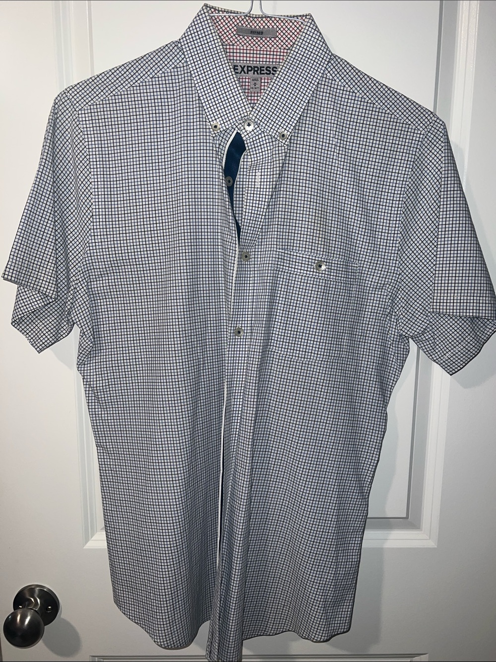 Express Short Sleeve Button-Down Shirt in White and Navy Check